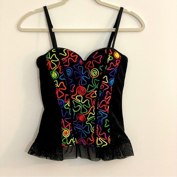 Spencer's Other - Spencers Corset Bustier Top Neon Swirls Mesh Ruffle Small